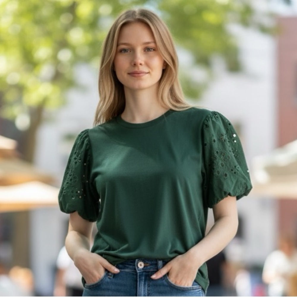 Romantic Cottagecore Green Eyelet Puff Sleeve Blouse Feminine Statement Top - M